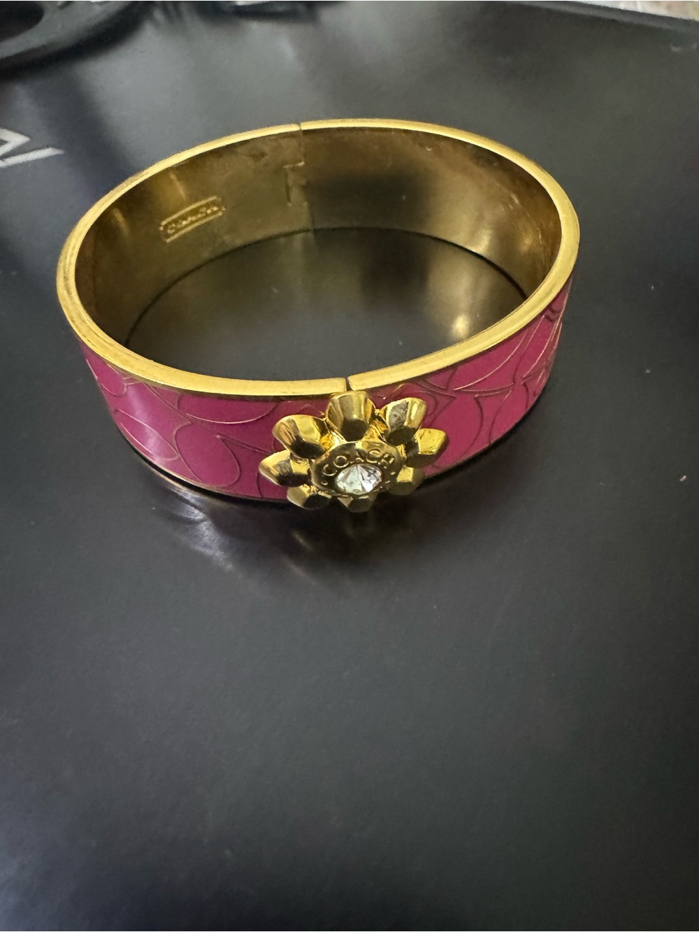 Coach Pink Enamel Flower Clasp Hinged Bangle Bracelet